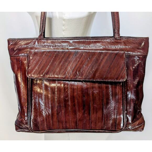 Vintage Joli Genuine Eel Skin Brown Shoulder Tote Bag - Picture 2 of 8